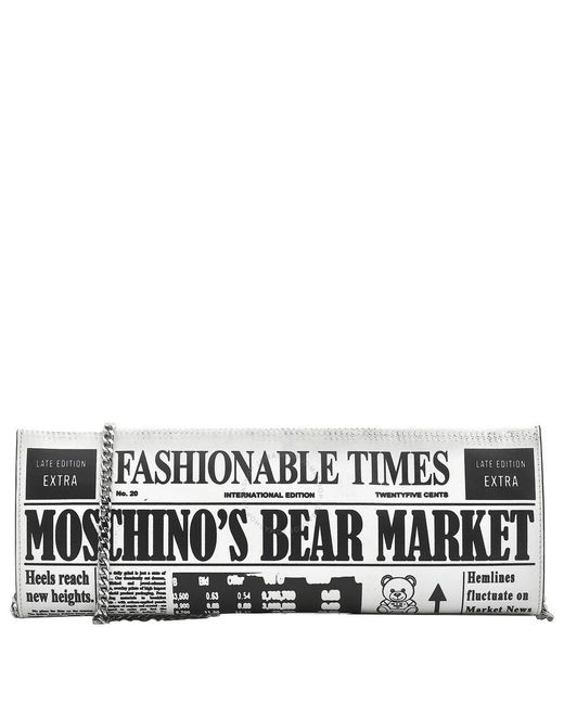 Moschino White Bear Market Newspaper Clutch Bag
