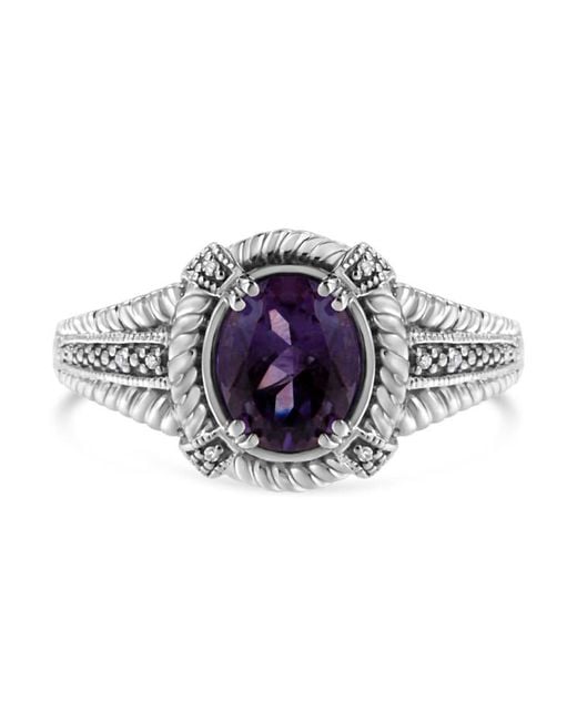 Haus of Brilliance Blue 925 Sterling Natural Oval Shape 9X7 Mm Amethyst Solitaire And Diamond Accent Ring