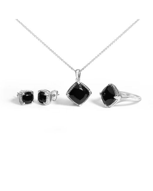 Haus of Brilliance White Sterling Cushion Onyx 3-Piece Jewelry Set Ring Earrings Pendant 18 Inch Cable Chain