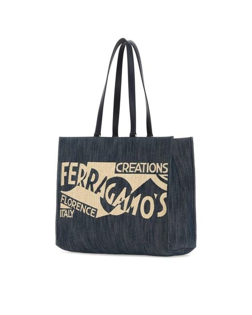 Ferragamo Black Denim Large Tt Sign Shopping Bag
