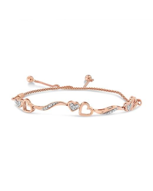 Haus of Brilliance Metallic 14K Rose Plated .925 Sterling 1/10 Ct Diamond Wave And Hearts Adjustable Bolo Bracelet