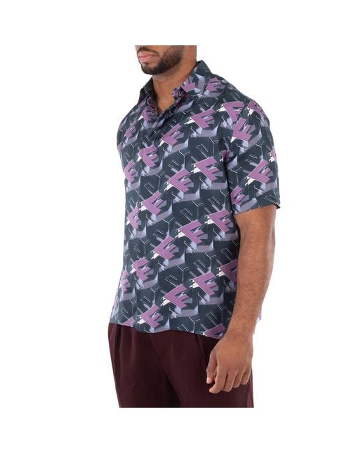Fendi Blue Ff Motif Italian-Style Silk Shirt, Brand Size 40 (Neck Size 16" for men