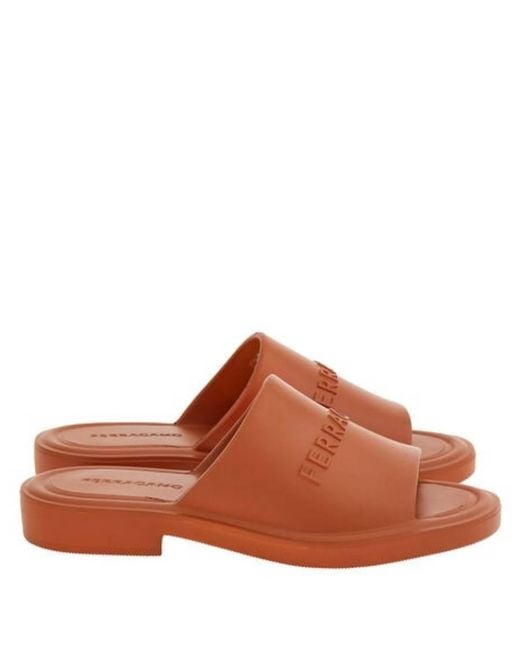 Ferragamo Brown Giuneva Logo Embossed Slides for men