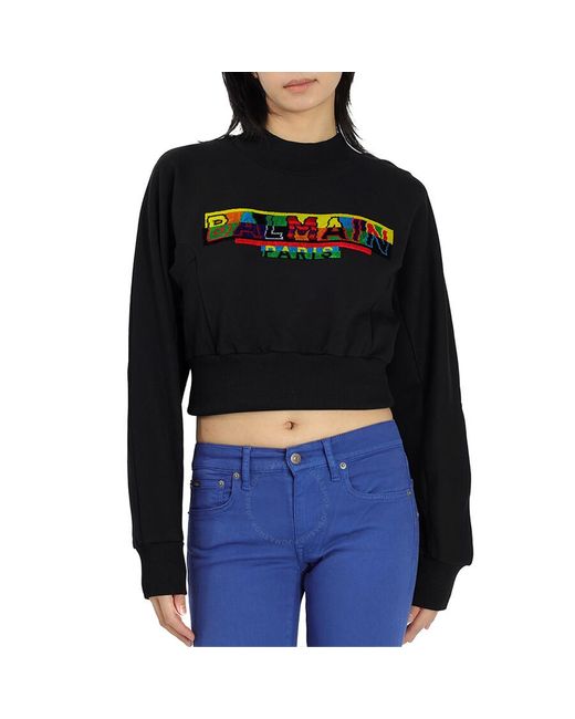 Balmain Black /multicolor Logo Pixel Embroidered Cropped Sweatshirt