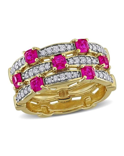 Created Forever Pink 1Ct Tgw Created Ruby And 1/3Ct Tw Lab-Grown Diamond 3-Row Semi-Eternity Ring for men