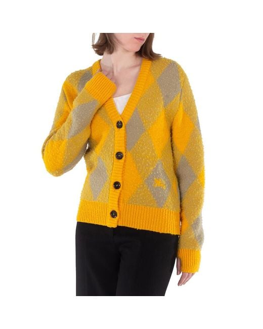 Burberry Yellow Argyle Diamond Patterned Rib Trim Cardigan