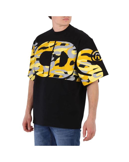 Gcds Black Camouflage Logo Crewneck Cotton T-shirt for men