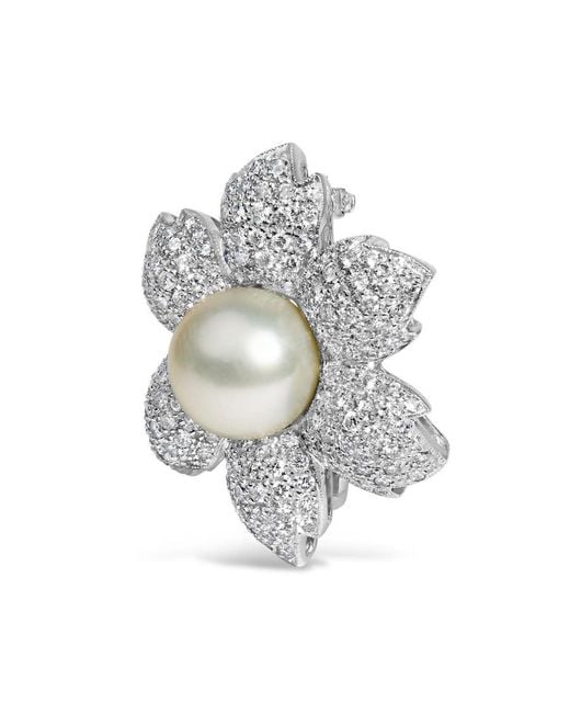 Haus of Brilliance Metallic 18K 2 3/4 Cttw Diamond And 12.5 Mm Cultured Freshwater Pearl Floral Brooch Pin