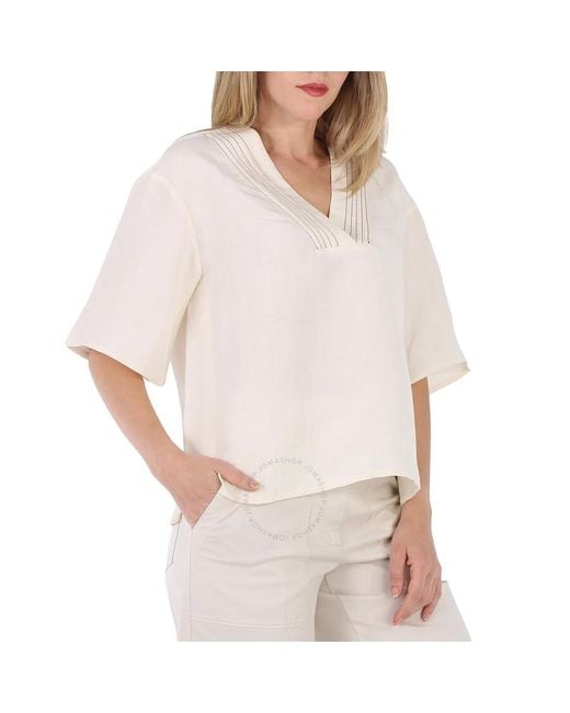 BENJAMIN BENMOYAL White Upcycled Silk / Linen V-neck Short Sleeved Top