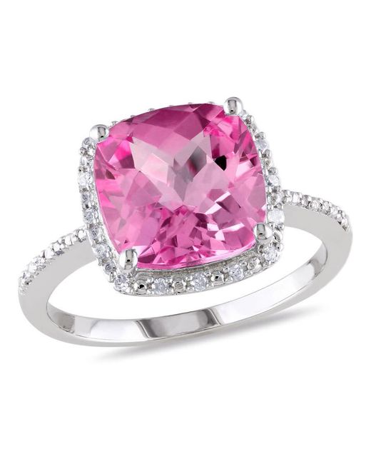 Amour Pink 1/10 Ct Tw Diamond And 5 3/4 Ct Tgw Cushion Cut Created Sapphire Halo Ring for men