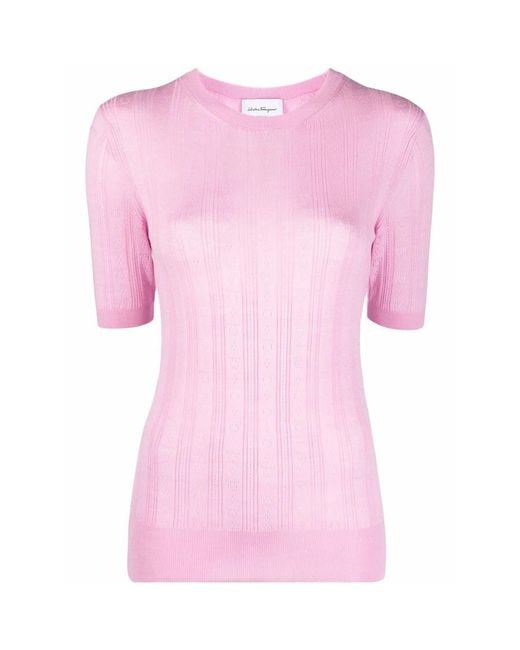 Ferragamo Pink Gancini-Pattern Short-Sleeve Knitted Top
