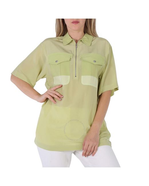 Burberry Green Mist Ilona Zip-front Silk Bowling Shirt