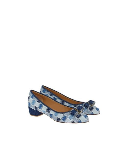 Ferragamo Blue Varina Checked Block-Heel Pumps