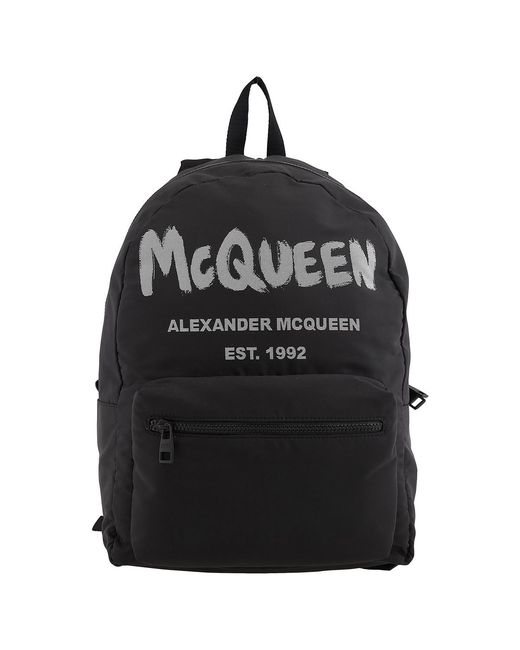 McQueen Black Graffiti Logo-Print Backpack for men