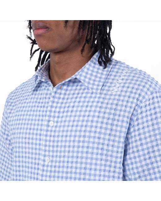 Marni Blue Seersucker Short-Sleeved Checked Shirt for men