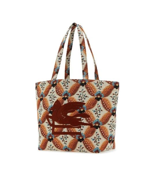 Etro Brown Embroidered Canvas Medium Soft Trotter Shopping Bag