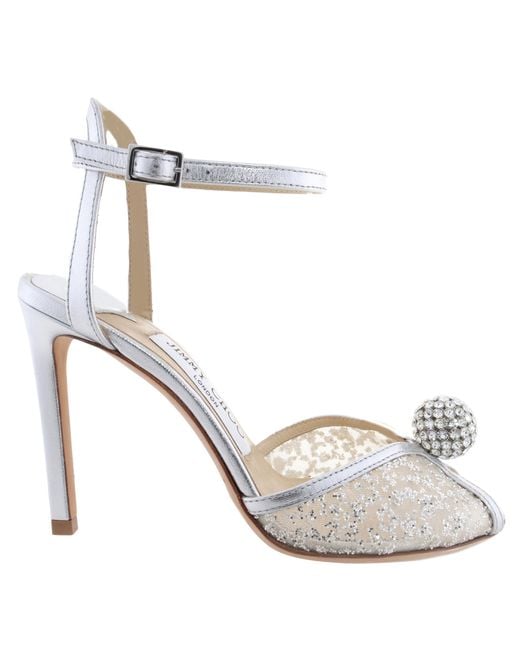 Jimmy Choo White Sacora 100Mm Glitter Tule Heel Sandals, Brand Size 34.5 Us Size 4.5