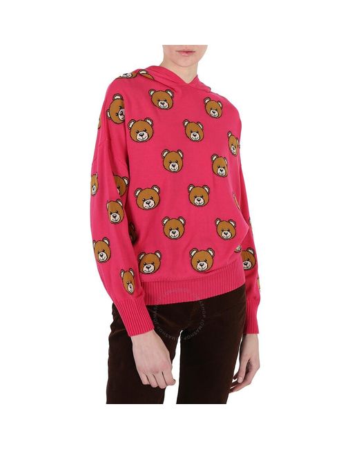 Moschino Pink Fucsia Teddy Bear Intarsia Hooded Sweater