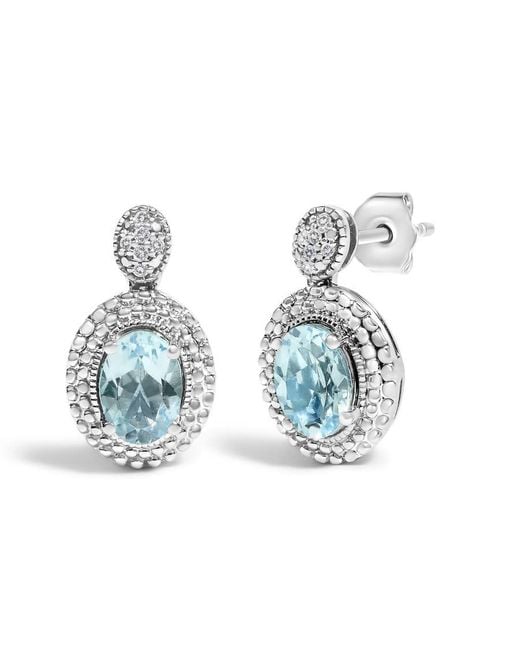 Haus of Brilliance Blue 925 Sterling Diamond Accent And Oval Topaz With Beaded Halo Drop Stud Earrings (I-J Color, I1-I2 Clarity)