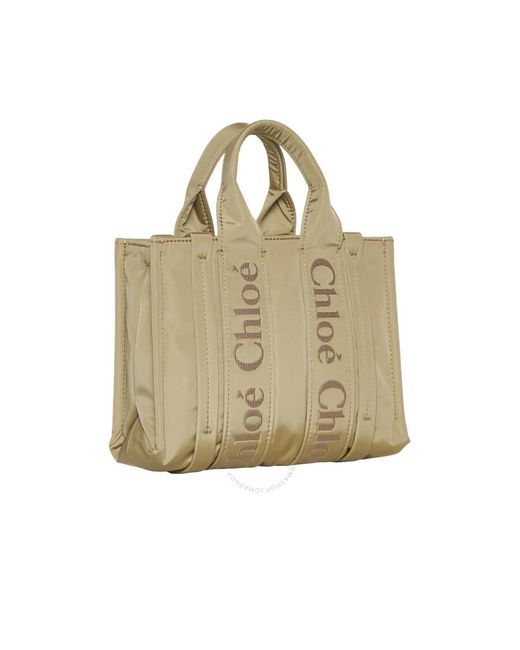 Chloé Natural Woody Logo Small Nylon Tote Bag