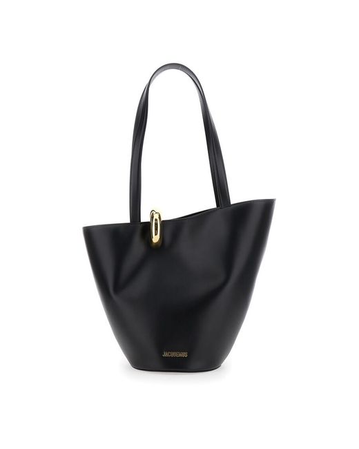 Jacquemus Black Le Bambola Moyen Shoulder Bag With Front Metal Ring Closure And Embossed Logo Lettering On The Front