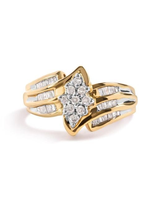Haus of Brilliance Metallic 10K 1/2 Cttw Round And Baguette-Cut Diamond Cluster Head And Channel Set Shank Ring (H-I Color, I1-I2 Clarity)