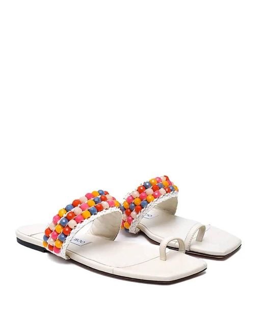 Jimmy Choo Multicolor Amoure Flat Embellished Raffia Sandals, Brand Size 36 Us