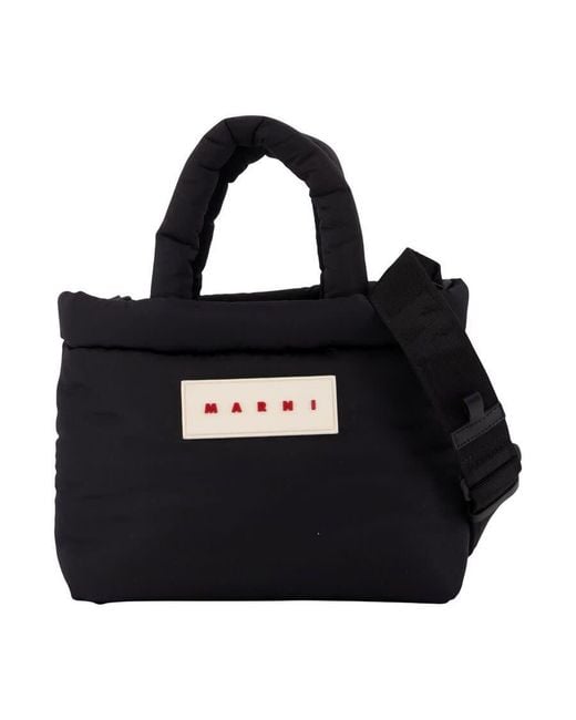 Marni Black Puffy Nylon Logo-Patch Top Handle Bag