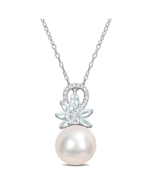 Amour Metallic 11-12Mm Cultured Freshwater Pearl And 5/8 Ct Tgw Aquamarine And Diamond Accent Flower Pendant With Chain