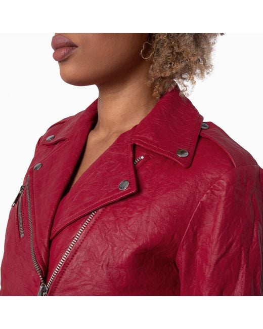 Michael Kors Red Ladies Crinkled Leather Moto Jacket