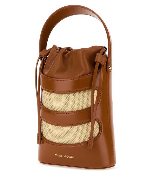 McQueen Brown Two-Tone Leather And Raffia Mini The Rise Bucket Bag