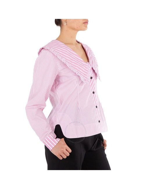 Ganni Pink Ruffled Striped Organic Cotton-poplin V-neck Blouse