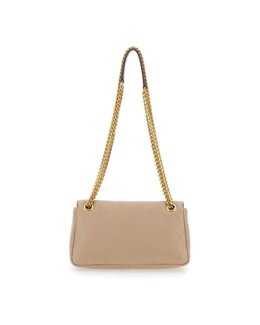Tory Burch Natural Charlie Crossbody Bag With Chain Strap And Logo Plate On Front Quilted Suede For Cow