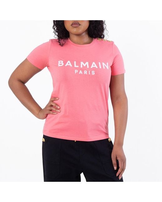 Balmain Red Logo Printed Crewneck T-Shirt