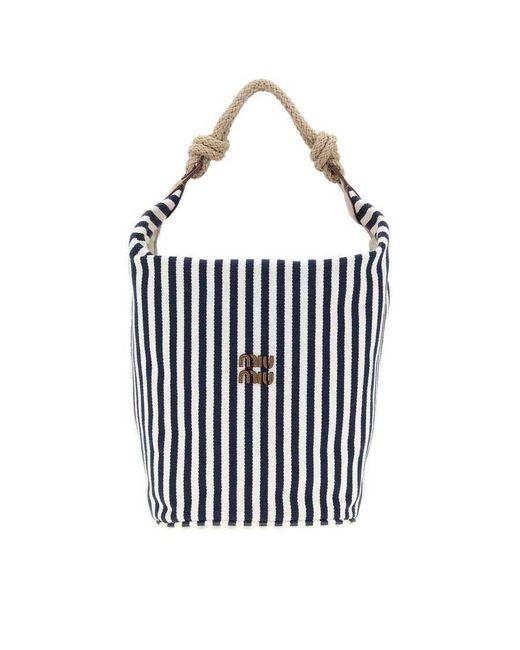 Miu Miu White Embroidered Canvas Bucket Bag Blucognac Borse A Secchiello