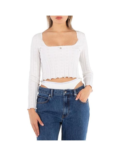 T By Alexander Wang Blue Ladies Soft Logo Pointelle Pullover