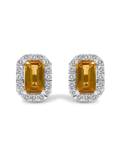 Haus of Brilliance Metallic 10K 5X3Mm Emerald-Cut Citrine And 1/7 Cttw Diamond Halo Octagonal Stud Earrings (I-J Color, I1-I2 Clarity)