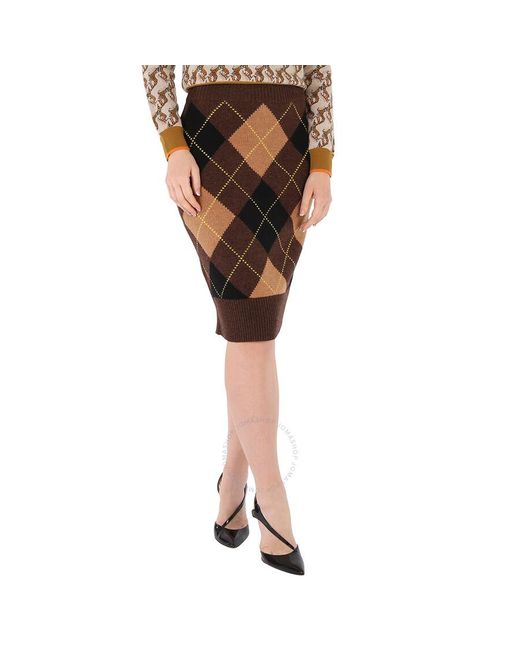 Burberry Black Argyle Intarsia Wool Cashmere Pencil Skirt