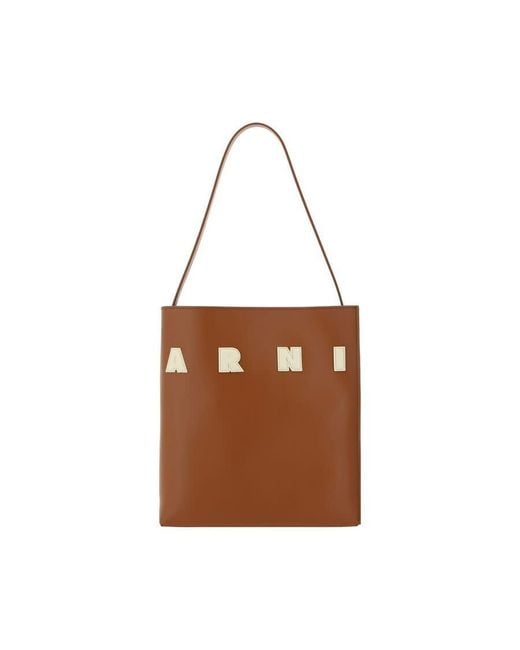 Marni Brown Calf Leather With Signature Appliqu Shoulder Bag