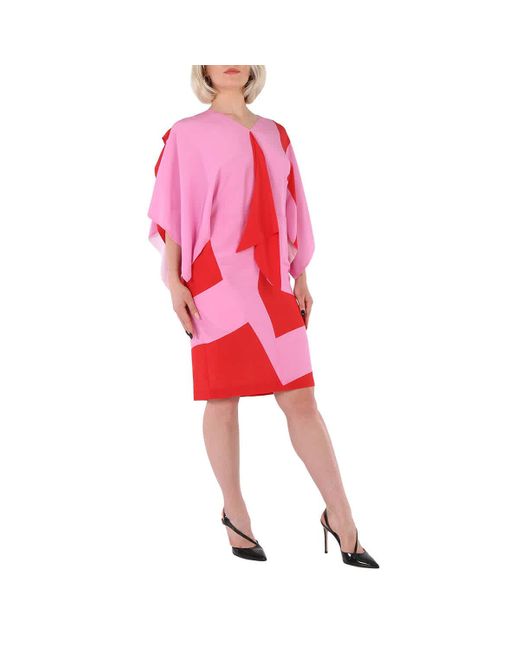 Burberry Red Primrose Pink Geometric Print Silk Crepe De Chine Cape Sleeve Dress