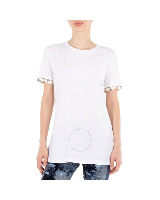Roberto Cavalli White Optical Floral Embroidered Cotton T-shirt