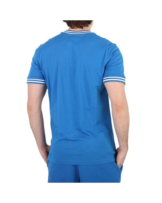 Moschino Blue Cotton Stripe Trim Logo Embroidered T-shirt for men