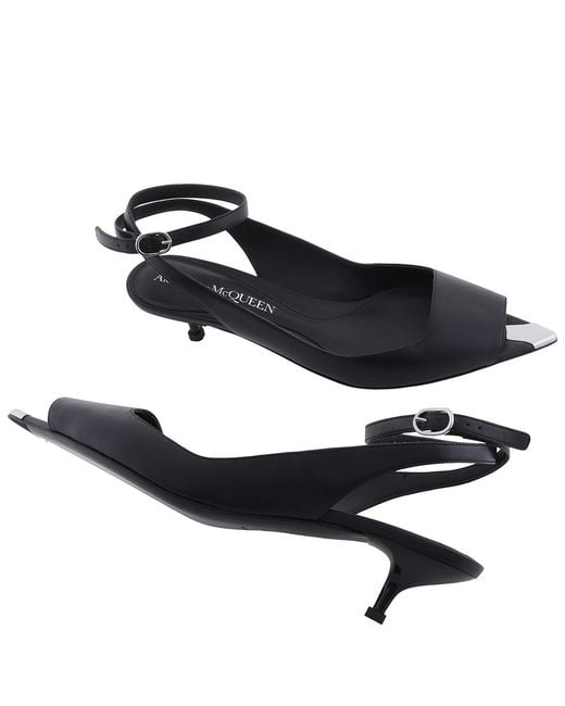 McQueen Black Leather Punk Ankle Strap Sandals, Brand Size 39 Us
