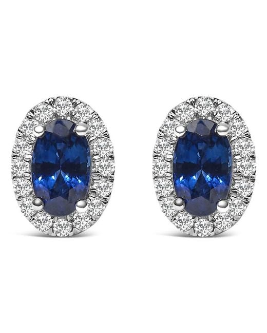 Haus of Brilliance Blue 10K 5X3 Mm Oval Sapphire And Diamond Halo Stud Earrings (I-J Color, I1-I2 Clarity)