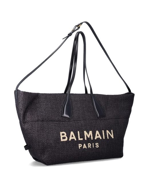 Balmain Black Track Tote Raffia Medium