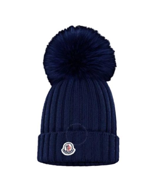 Moncler Blue Fur Pom Pom Beanie
