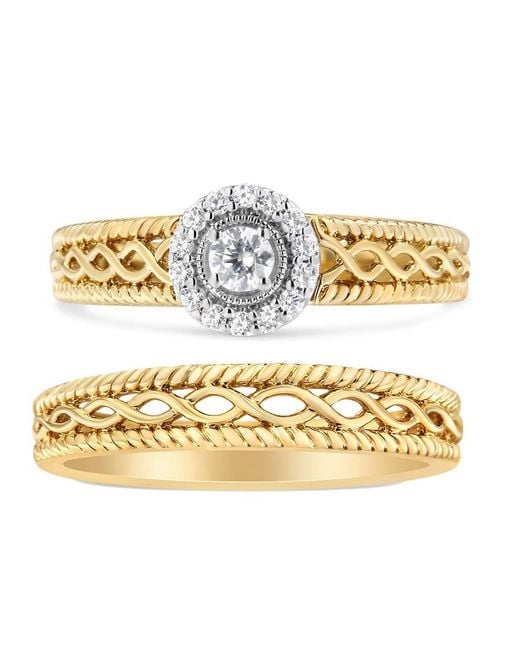 Haus of Brilliance Metallic 14K Plated .925 Sterling 1/5 Cttw Diamond Halo Engagement Ring And Wedding Band Set