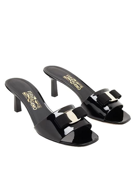 Ferragamo Black Salvatore Ladies Patent Calfskin Vara Bow Slide Sandals, Size 7.5