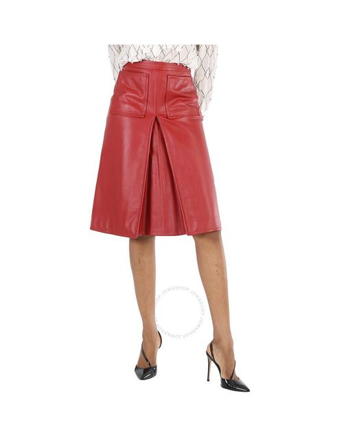 Burberry Red Dark Carmine Leather Box-pleat Detail A-line Skirt