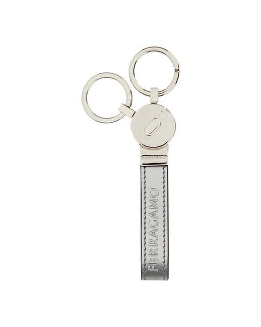 Ferragamo White Dual-Ring Metallic Leather Keyring for men
